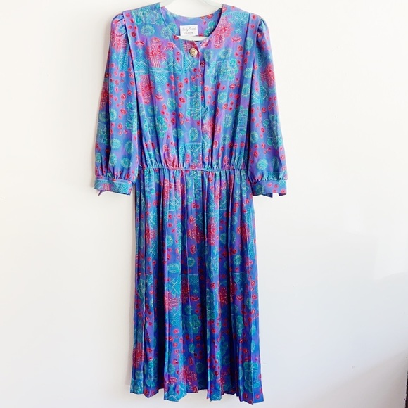 $5 $5 $5 Vintage 1970s Floral Button Down Pleated Fit & Flare Dress Sz 14 - Picture 1 of 5